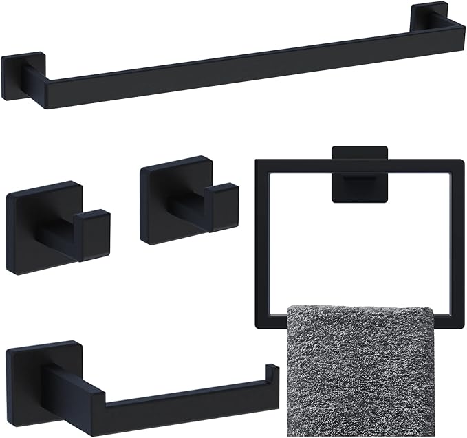 EWFEN Bathroom Hardware Accessories Set 5 Pieces Matte Black Towel Bar Set Wall Mounted