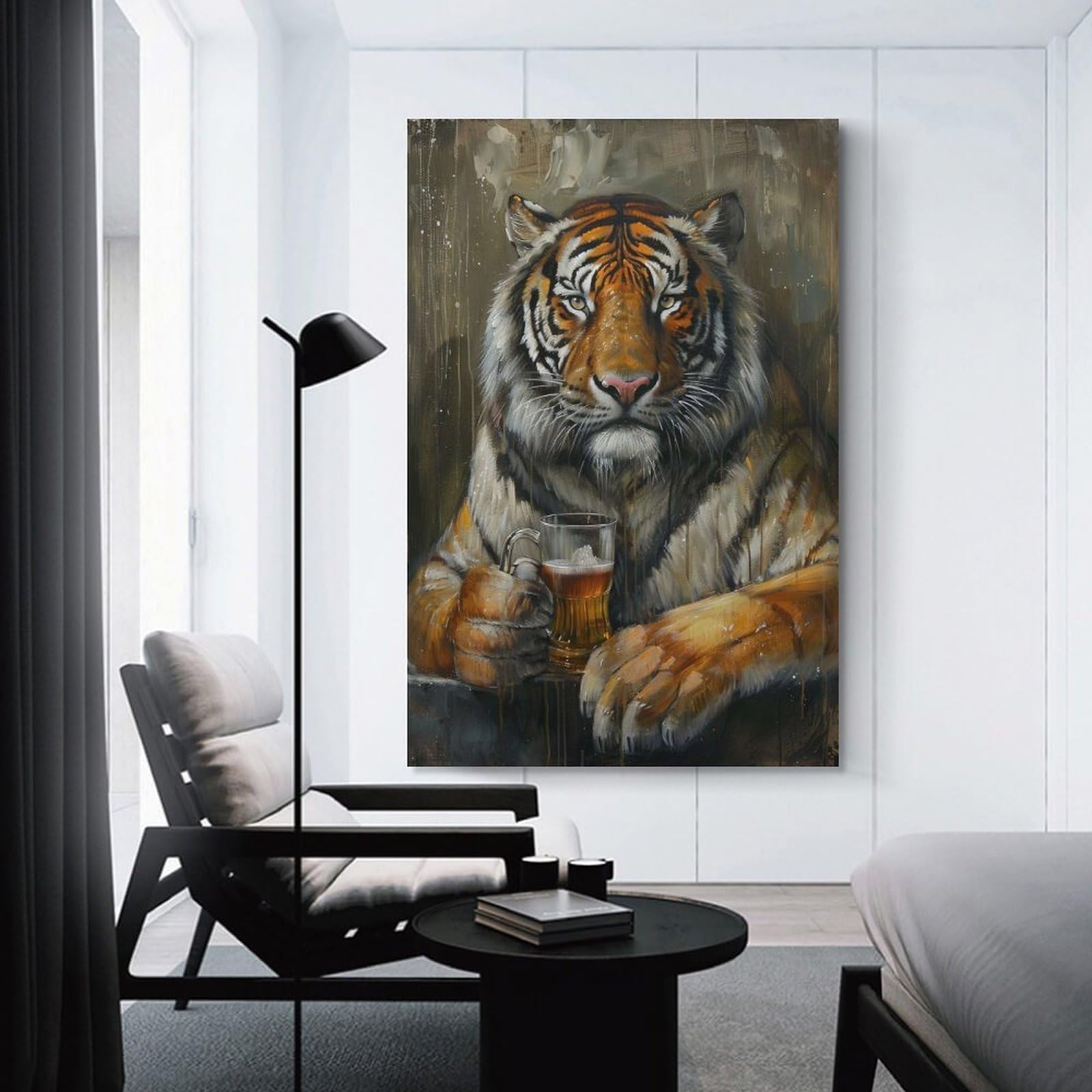 Junmoney Unframe-Style-24 Beer Drinking Tiger Canvas Wall Decor, 24X36inch(60X90cm), For Flats, Guest Rooms Or Compact Rooms, Decorative Canvas Decor For Home Updates