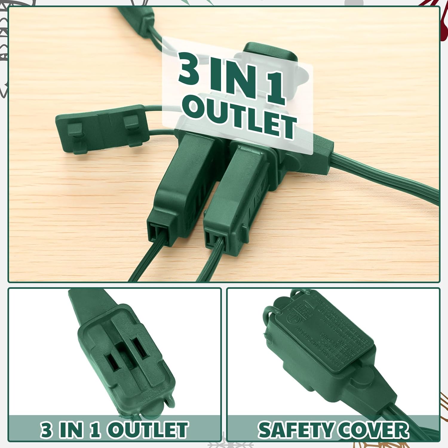 Relaxweex 9FT Extension Cord Pack of 3 Pieces, 3 Outlets Power Cord with Hand/Foot Switch Ungrounded Power Strip, On/Off Switch for Christmas Lamps and Holiday Lights, Green