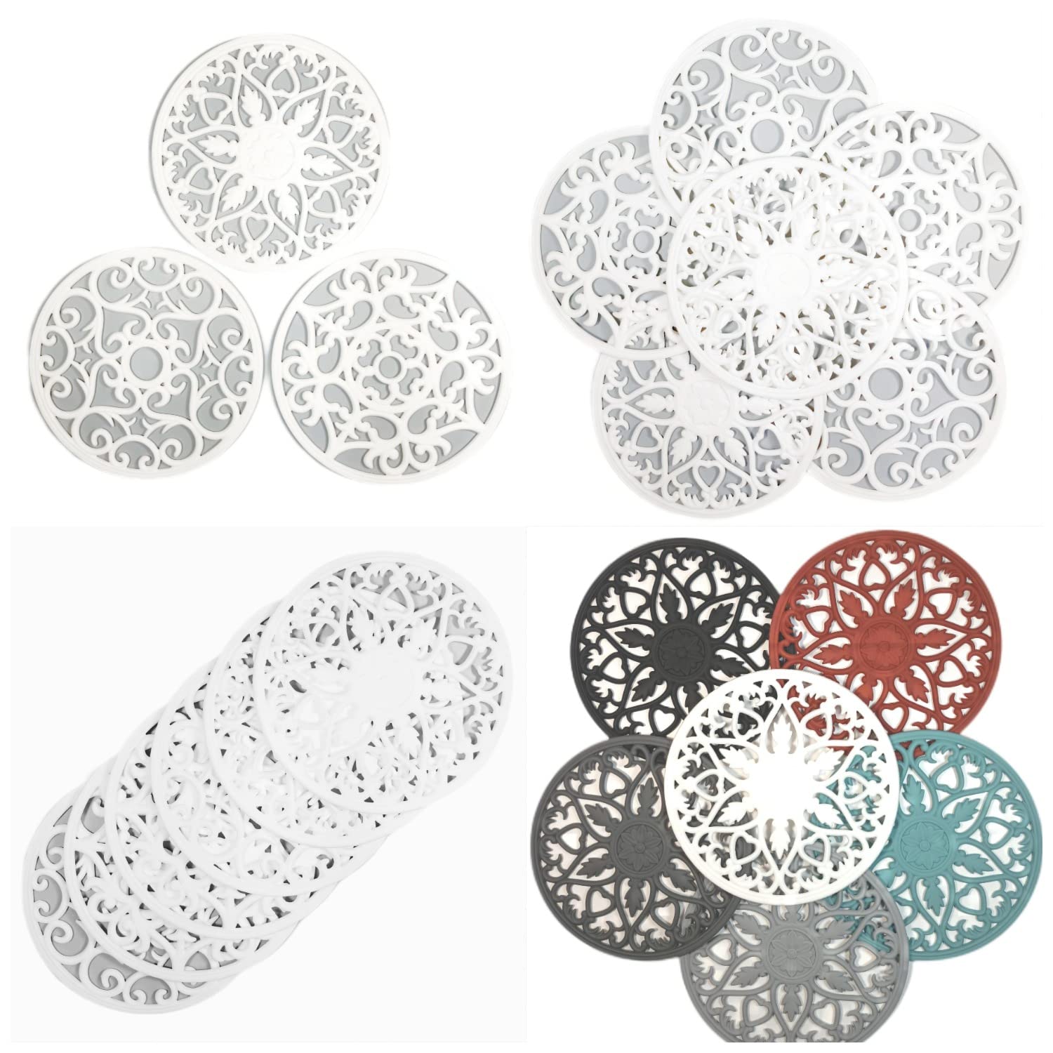 Lot de 6 dessous de plat en silicone pour plats chauds, tables, comptoirs, antidérapants, résistants à la chaleur, dessous de plat rond et flexible, multi-usages, finement sculptés - Blanc