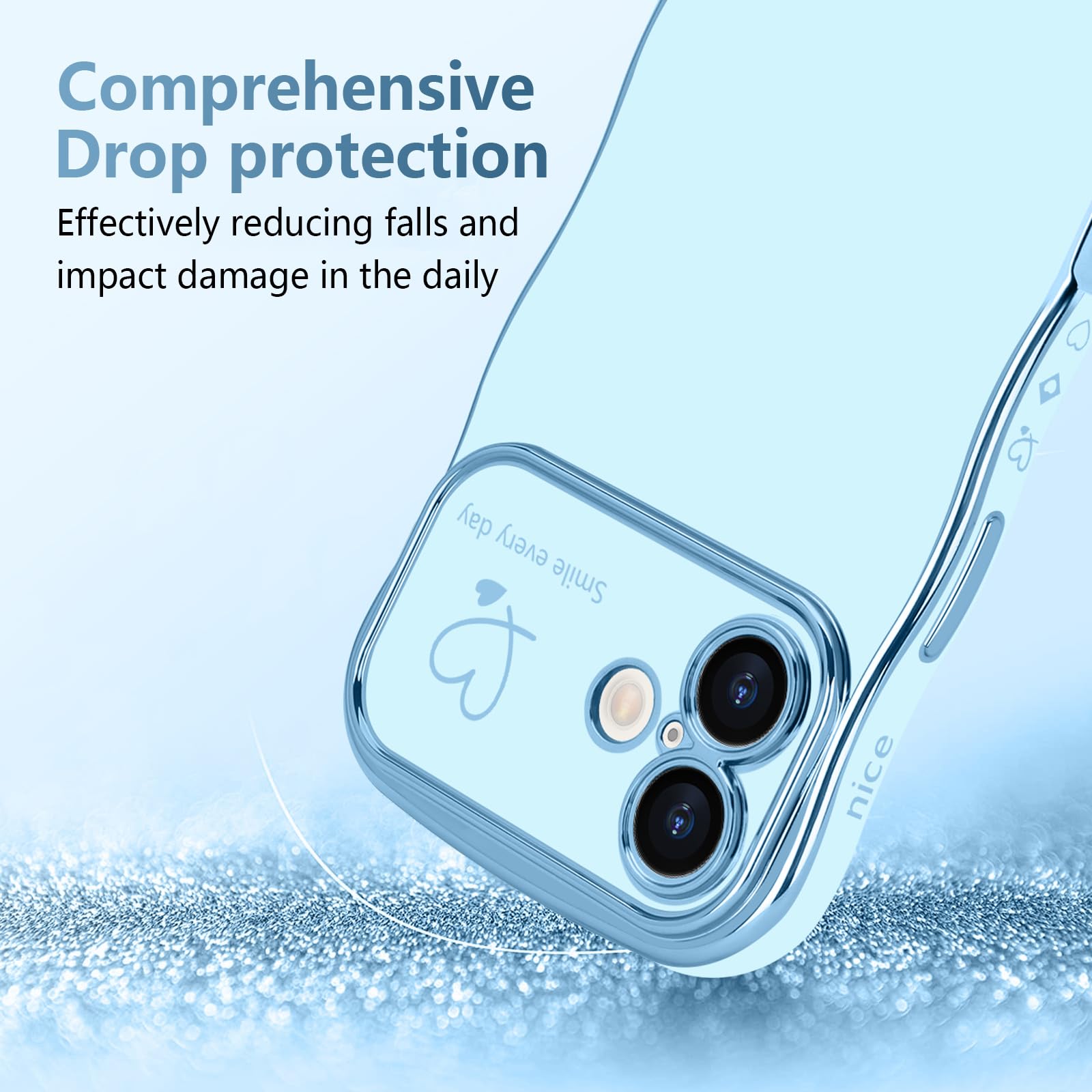 LCHULLE for iPhone 16 Plus Case for Women Girls,Cute Curly Wave Frame Shape Love Heart Pattern Phone Case,Raised Camera Protection Plating Shockproof Cover for iPhone 16 Plus 6.7",Blue - Image 3