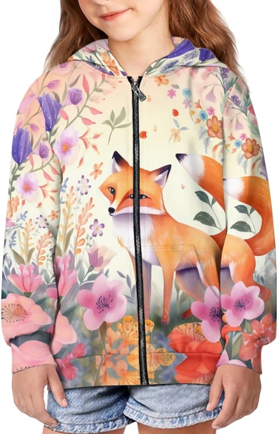 Floral Animal Print Hoodies for Girls Casual Soft Cute Zip Up Hoodie with Pockets Hooded Sweatshirts - Image 2