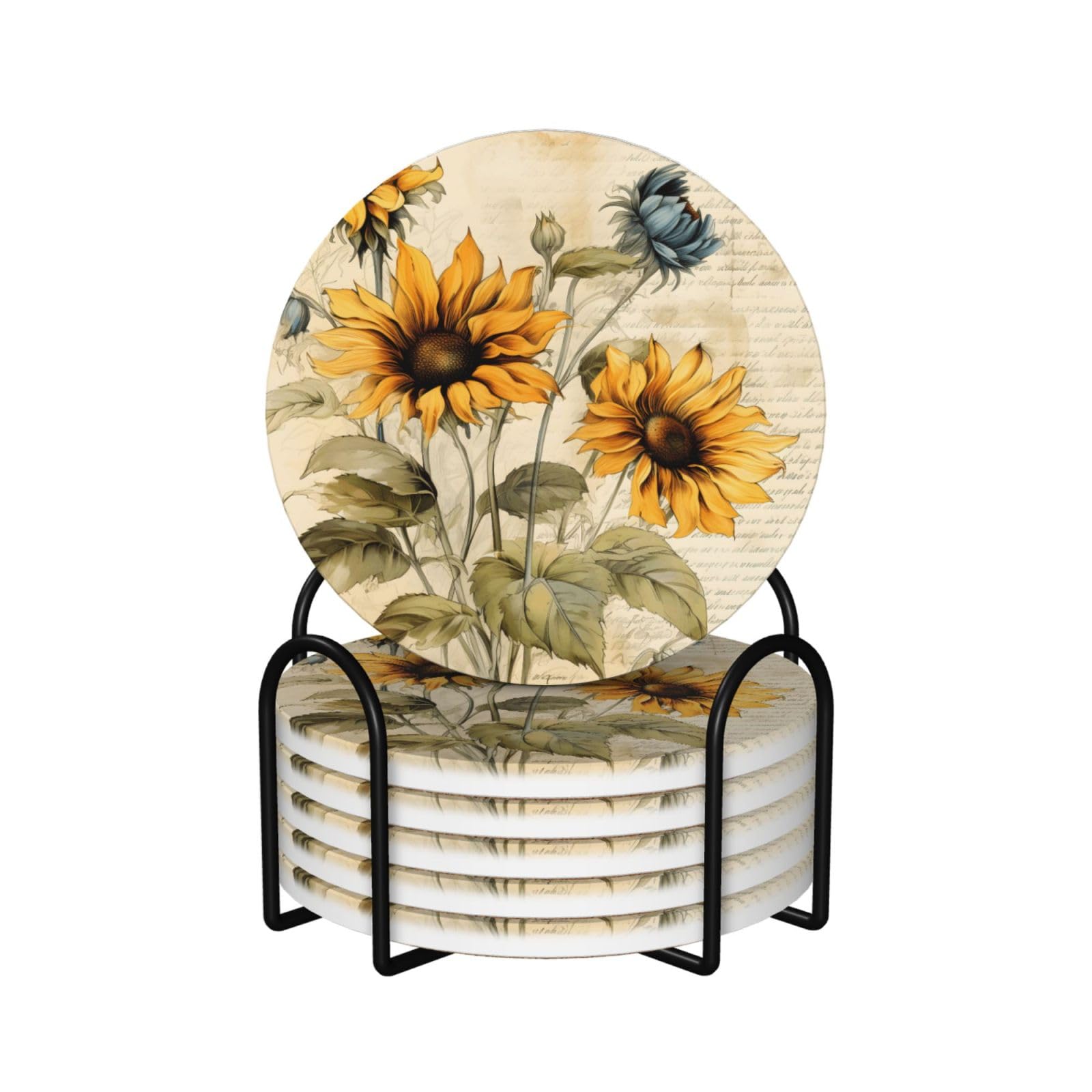 Dessous de verre céramique tournesol vintage avec liège antidérapant et support