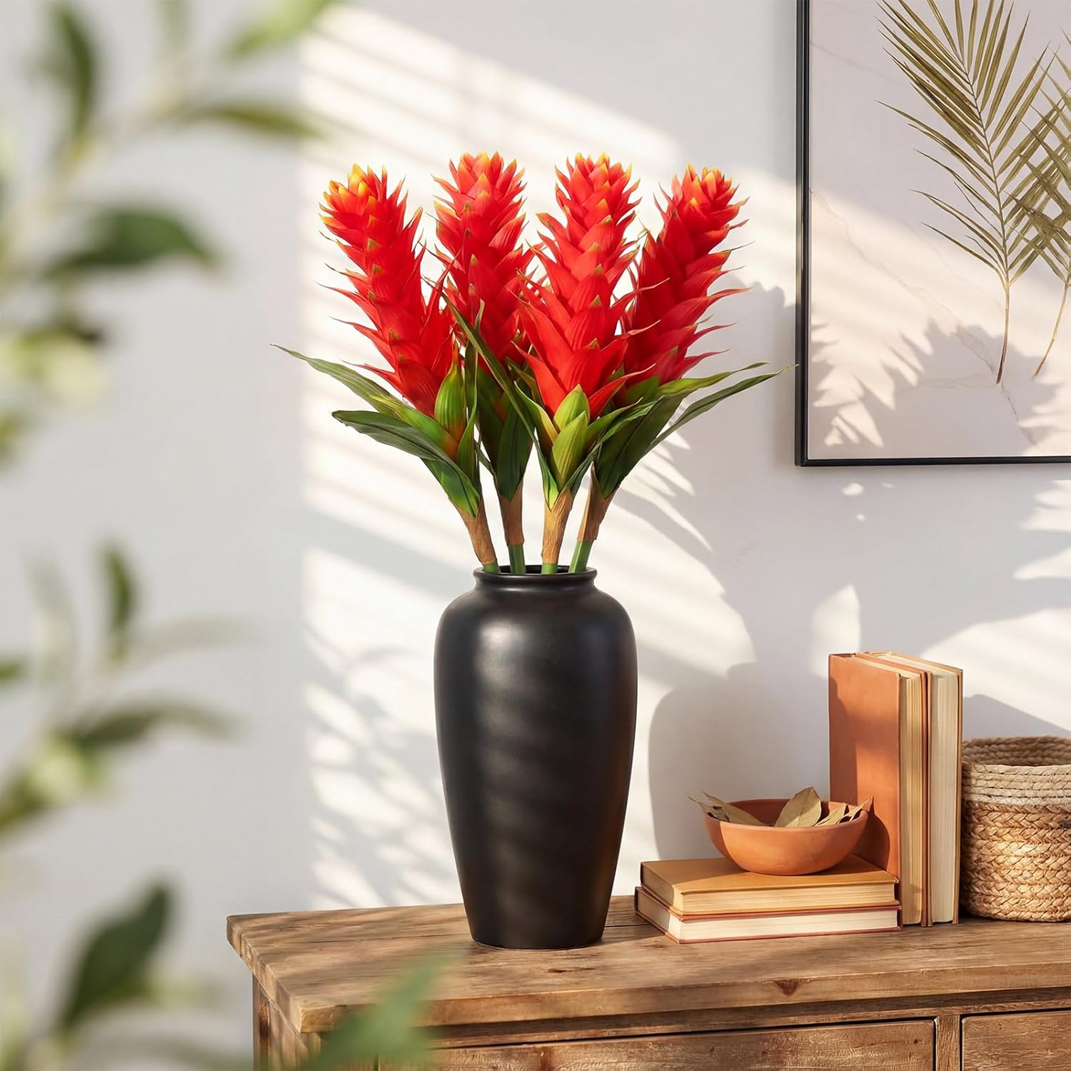 Hotop 4 Pcs 16 Inch Red Bromeliad Artificial Tropical Flowers, Silk Real to Touch Indoor Faux Tropical Imitation Plant Flower for Vase Table Centerpieces, Home, Kitchen, Shelf and Office Decor