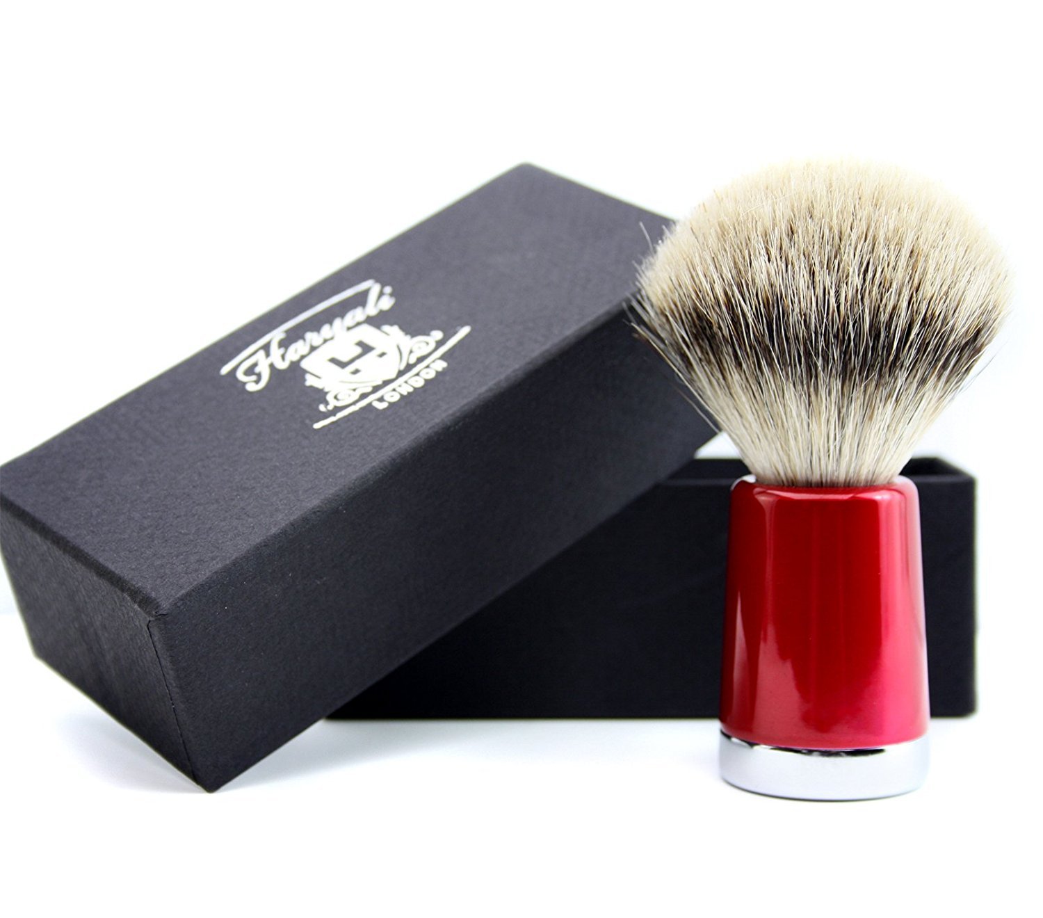 Pennello da barba con setole di tasso argentate, con base rossa lucida e supporto