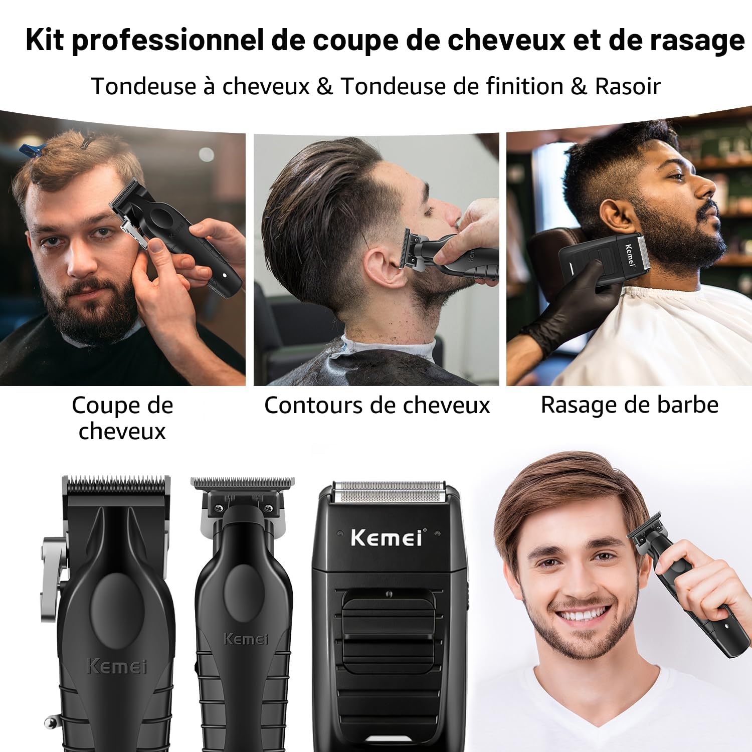 KEMEI Tondeuse à cheveux professionnelle sans fil pour homme, rasoir électrique en aluminium, kit de coupe