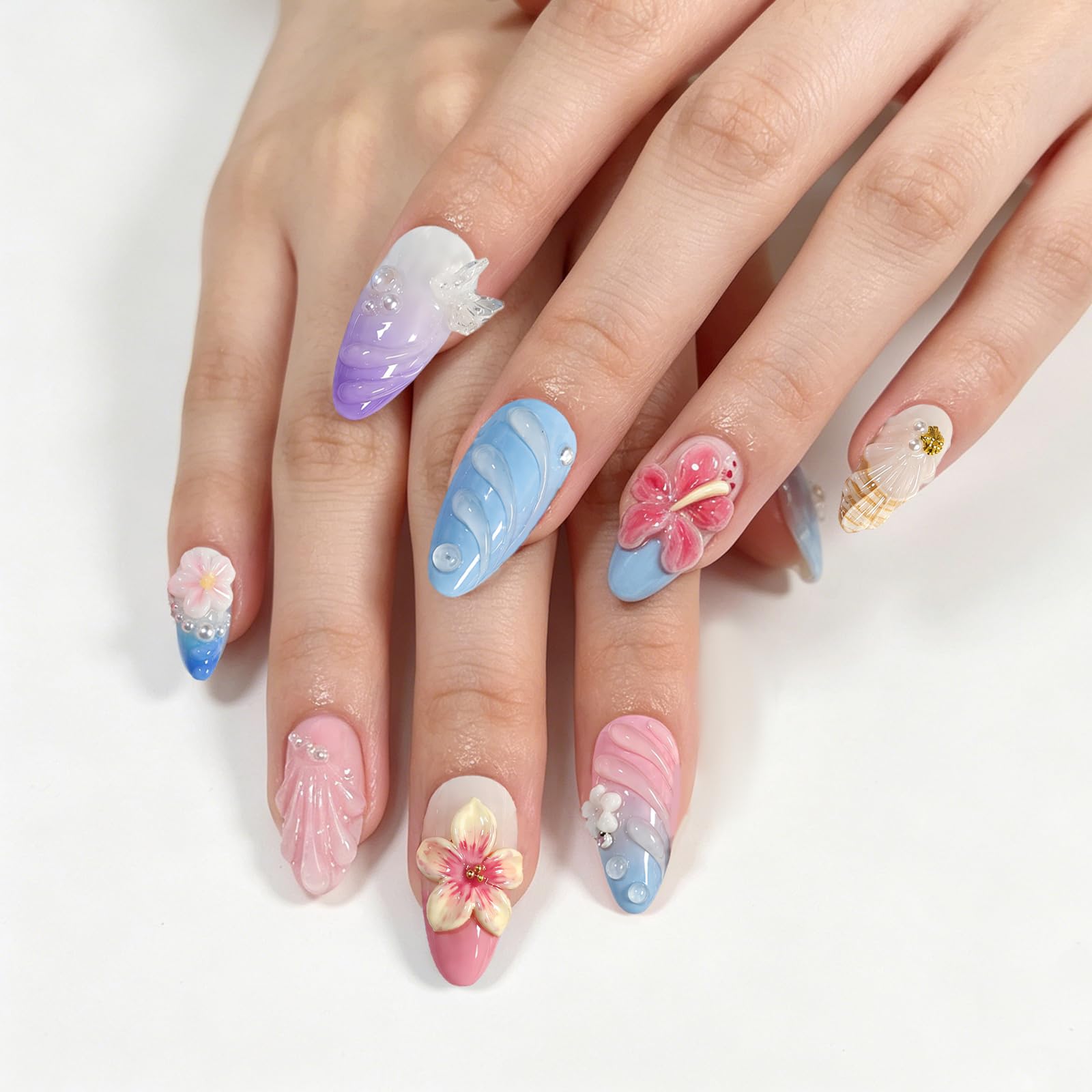 fexxkg 3D Floral Embossed Pastel French False Tips Set, 30 Piece Manicure Pieces with 15 Sizes for Daily Wear, Party and Weddin