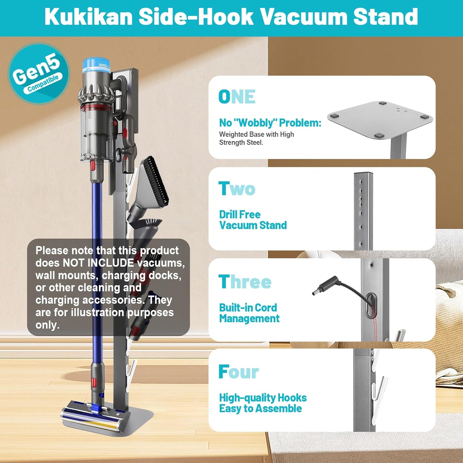 Kukikan Vacuum Stand Holder for Gen5 V8 V15 V12 V11 V10 V7 V6, Metal Floor Docking Station with Built-in Cord Management