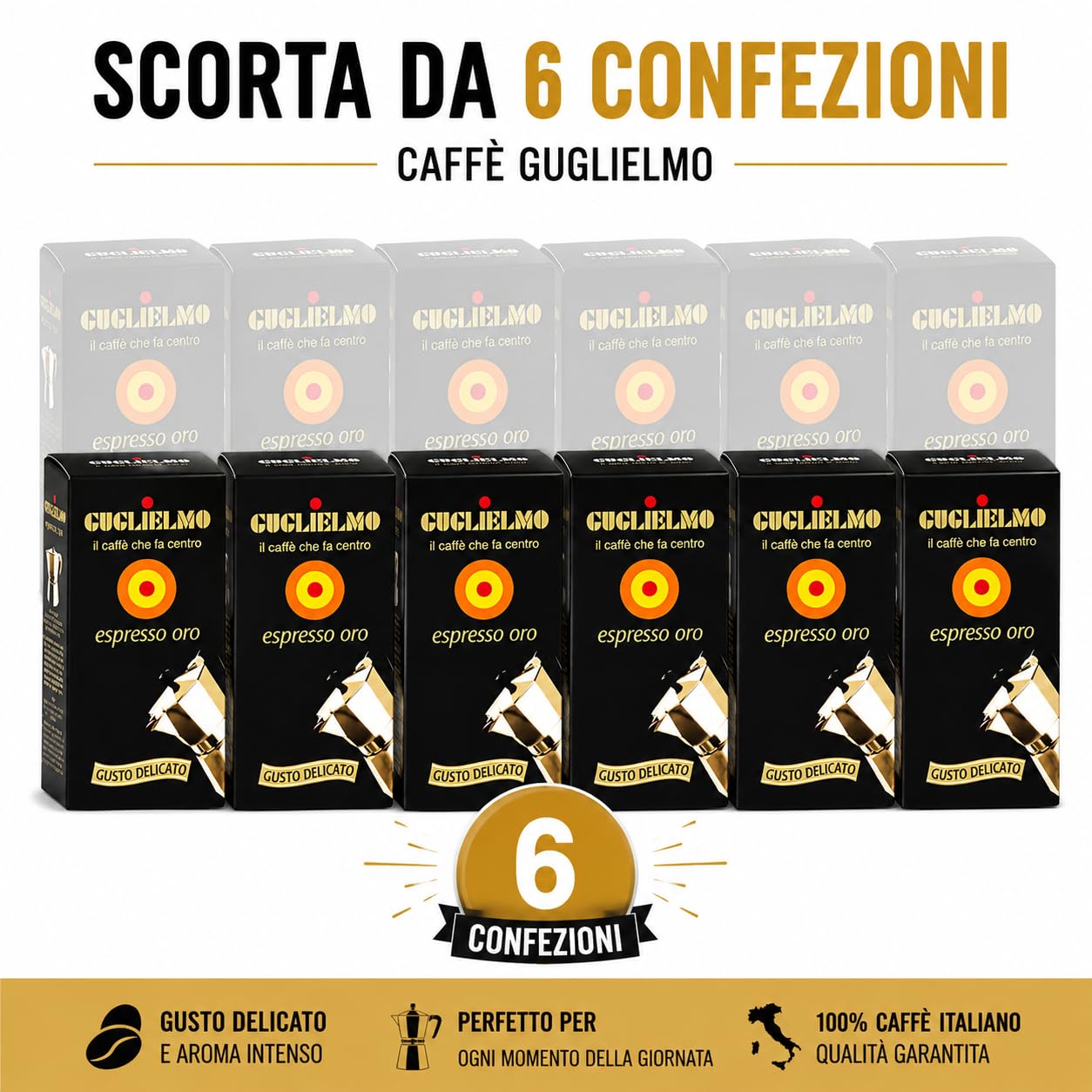 Caffè Guglielmo Espresso Oro Macinato – Box Giù in Calabria – Miscela con Maggiore Percentuale di Arabica, Gusto Delicato e Leggero, Caffè per Moka Torrefatto in Italia (6 PEZZI)