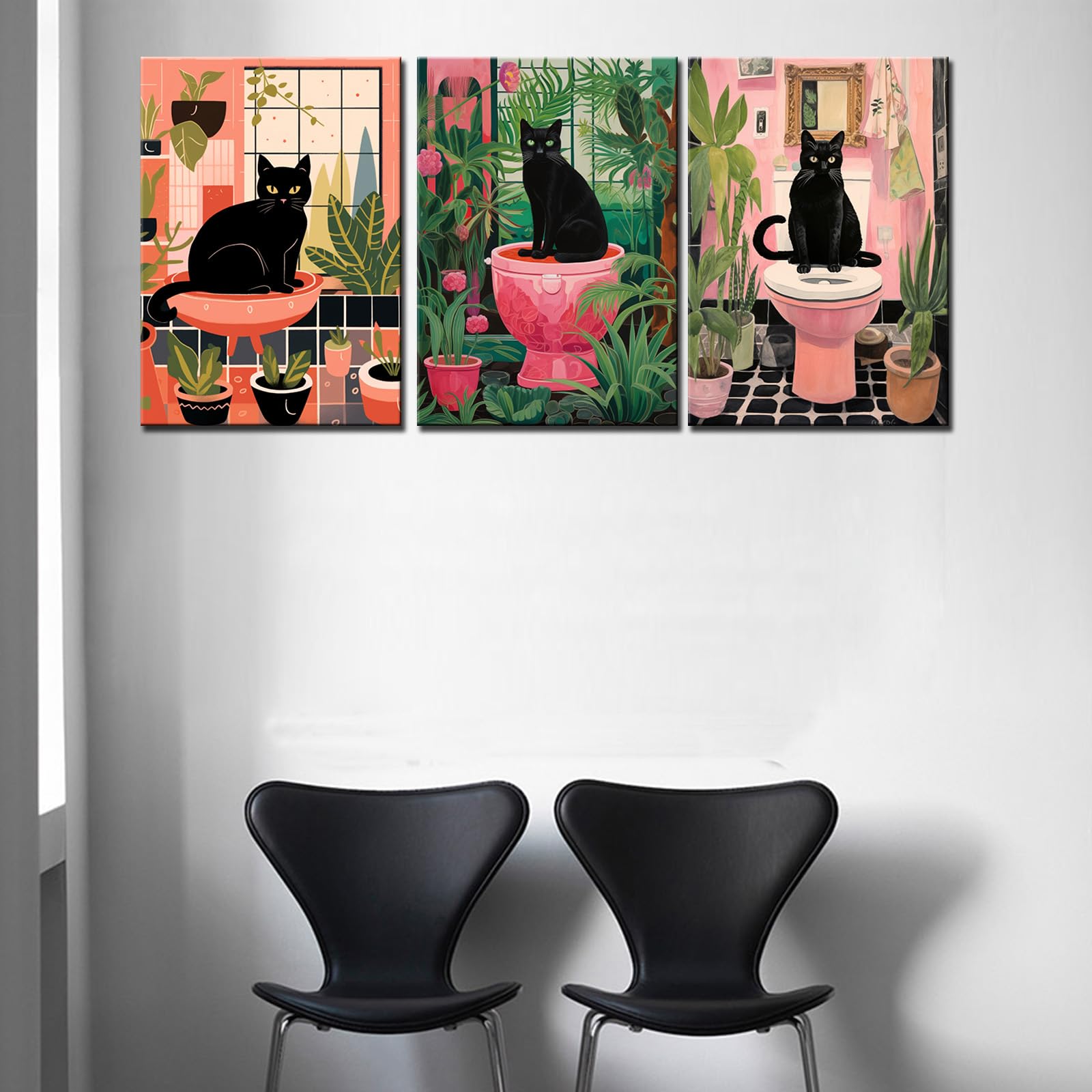 Pink Bathroom Animals Canvas Wall Art for Living Room Decor 3 Pieces Black Cat on the Toilet Wall Decor Artwork Lovely Bathroom Kitten Potted Plant Paintings Home Room Wall Pictures Framed 42''Wx20''H - Image 4
