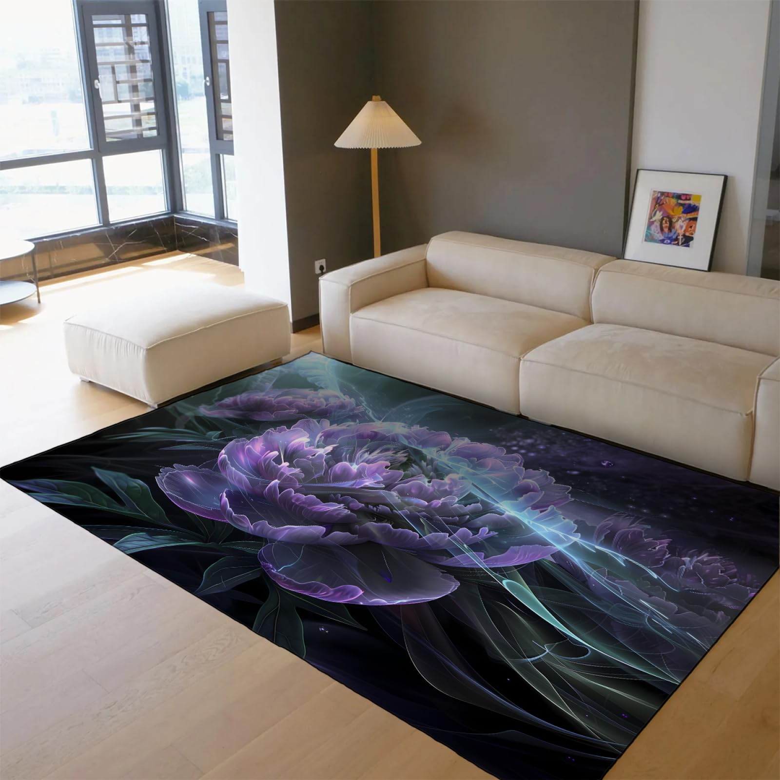 Tapis de Fleurs Violettes 60x90cm Vintage Oriental Design Entrée Tapis Élégant Moderne Floral Lavable Cuisine Tapis Antidérapants Chambre Tapis