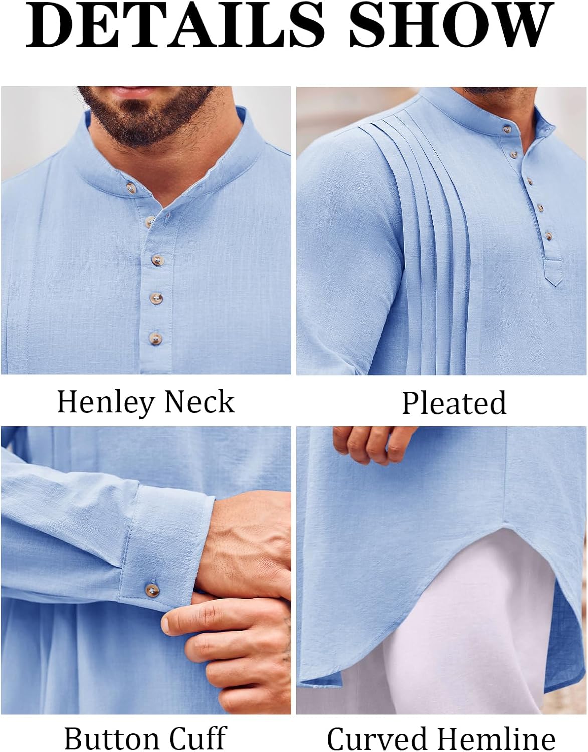 Runcati Mens Kaftan Thobe Cotton Linen Henley Shirt Long Sleeve Robe Casual Muslim Gown Kurta - Image 5