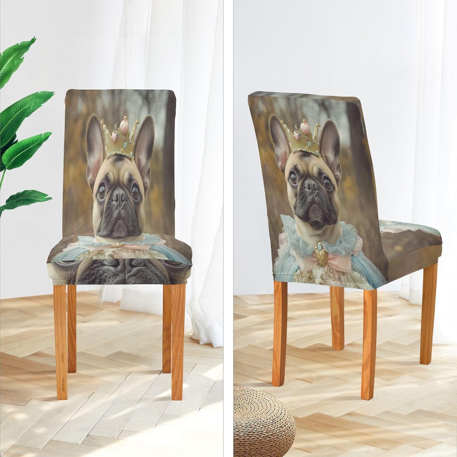 ALAZA Chair Covers for Dining Room, French Bulldog Dog Dressed Up Crown Stretch Chair Cover Sets Chair Protector Removable Washable for Ktichen Restaurant Hotel