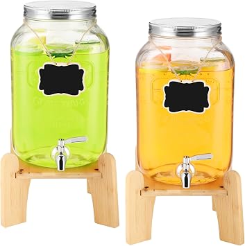 Sliner 2 Pack 2 Gallon Glass Drink Dispenser with Natural Bamboo Stand Glass Beverage Dispenser Water Juice Drink Containers for Parties with Stainless Steel Spigot Hanging Chalkboard