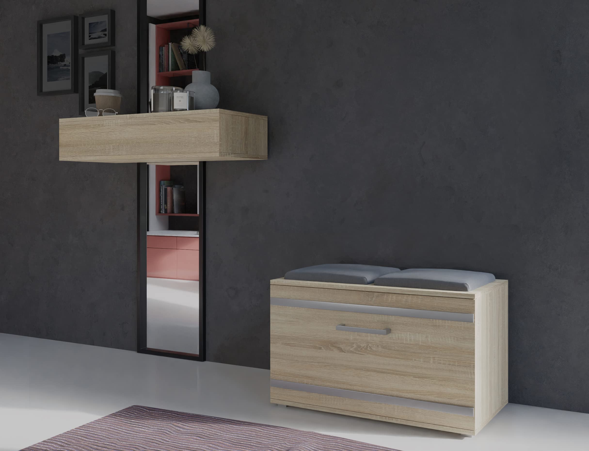 Armoire à Chaussures Avec Siège PARMA - Couleur Chêne Sonoma, Rangement Pour Entrée Ou Couloir, Banc Rembourré
