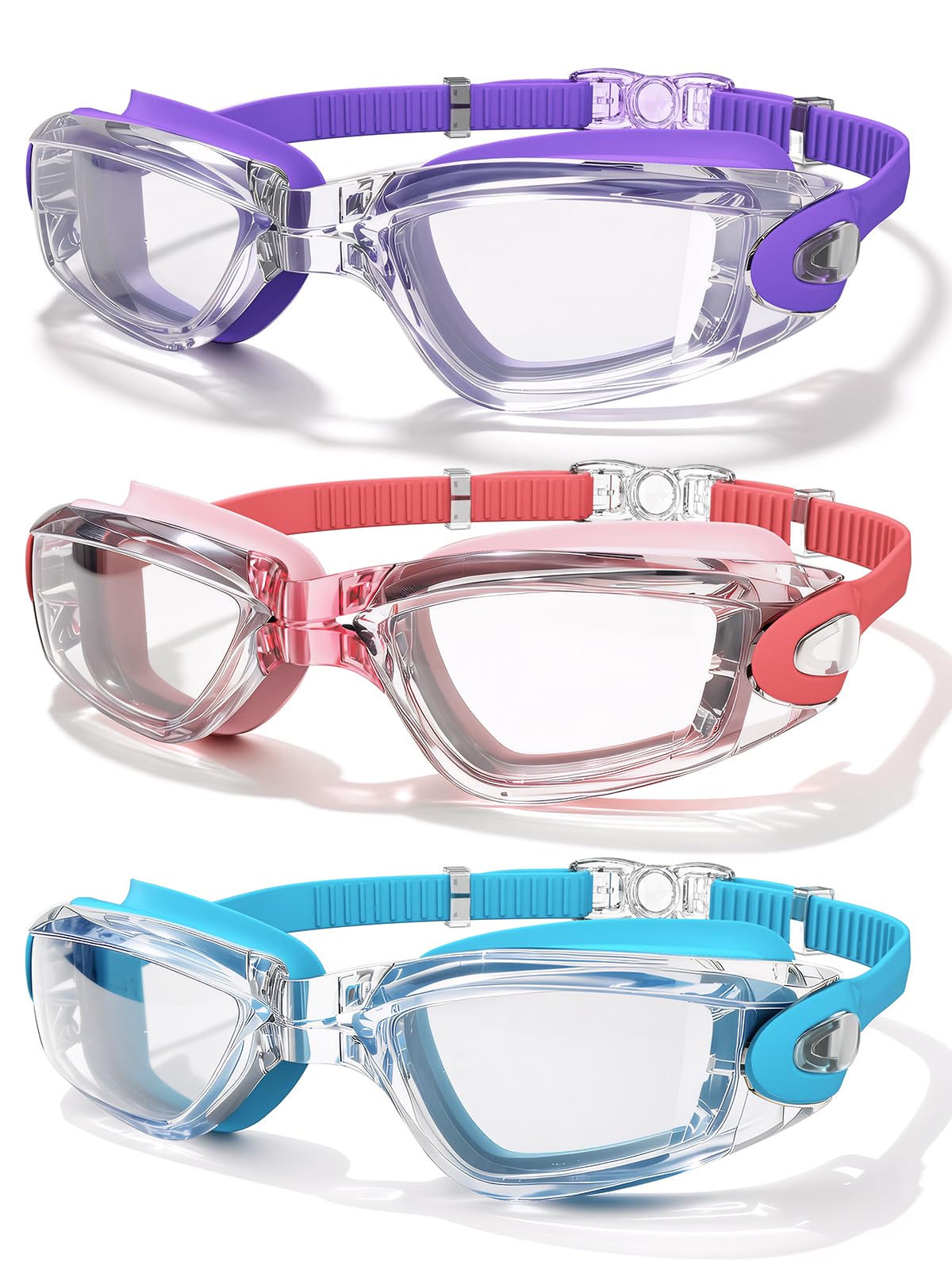 LOEO Kids Swim Goggles, 3 Pack Swimming Goggles for 4-12 Boys Girls, Anti Fog, UV Protection, Waterproof