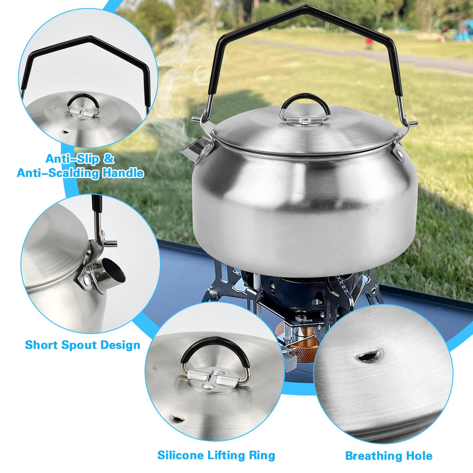 BUZIFU Tetera de Acero Inoxidable 1 L, Hervidor de Agua para Camping Portátil, Tetera Acampada con Mango, Hervidor de Agua para Acampar, Tetera de Metal para Camping Senderismo Picnic