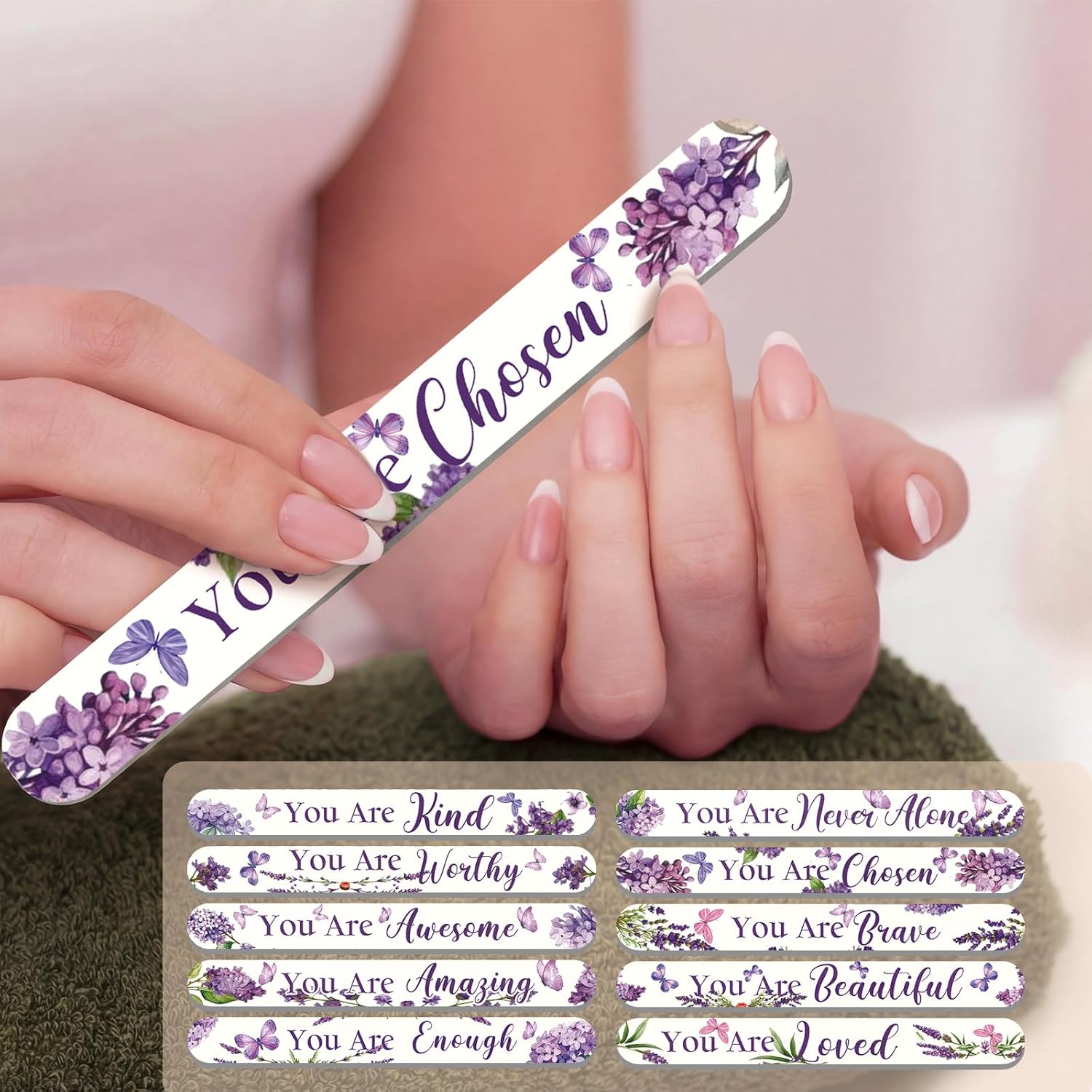 Therwen 50 Pcs Mothers Day Gifts Bulk Floral Christian Nail File Small Mom Women Church Gift Bulk Double Sided Emery Board Nail File Tool for Mother's Supply(Purple Flowers Inspirational)