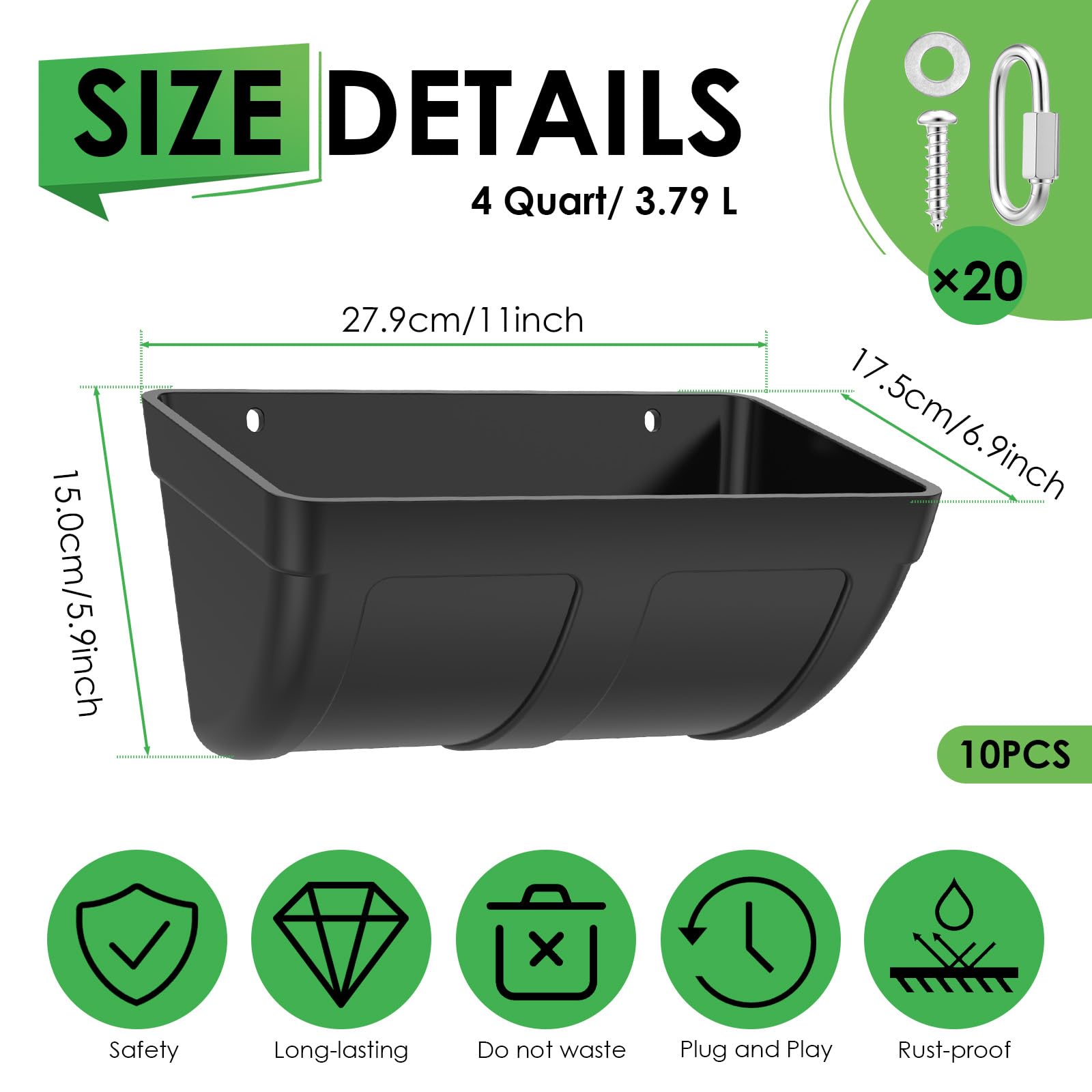 Comedero automático para pollos, verduras, 3,8 L, comedero automático y bebedero para pollos, cabras y patos, montaje en valla, cuenco impermeable para aves de corral y animales de establo (10