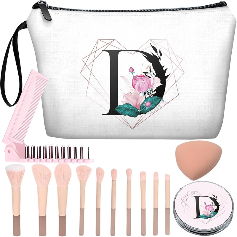 Necessaire de maquiagem JIEXAGEZOS com letra D, espelho, kit com 10 pincéis, esponja rosa e pente dobrável