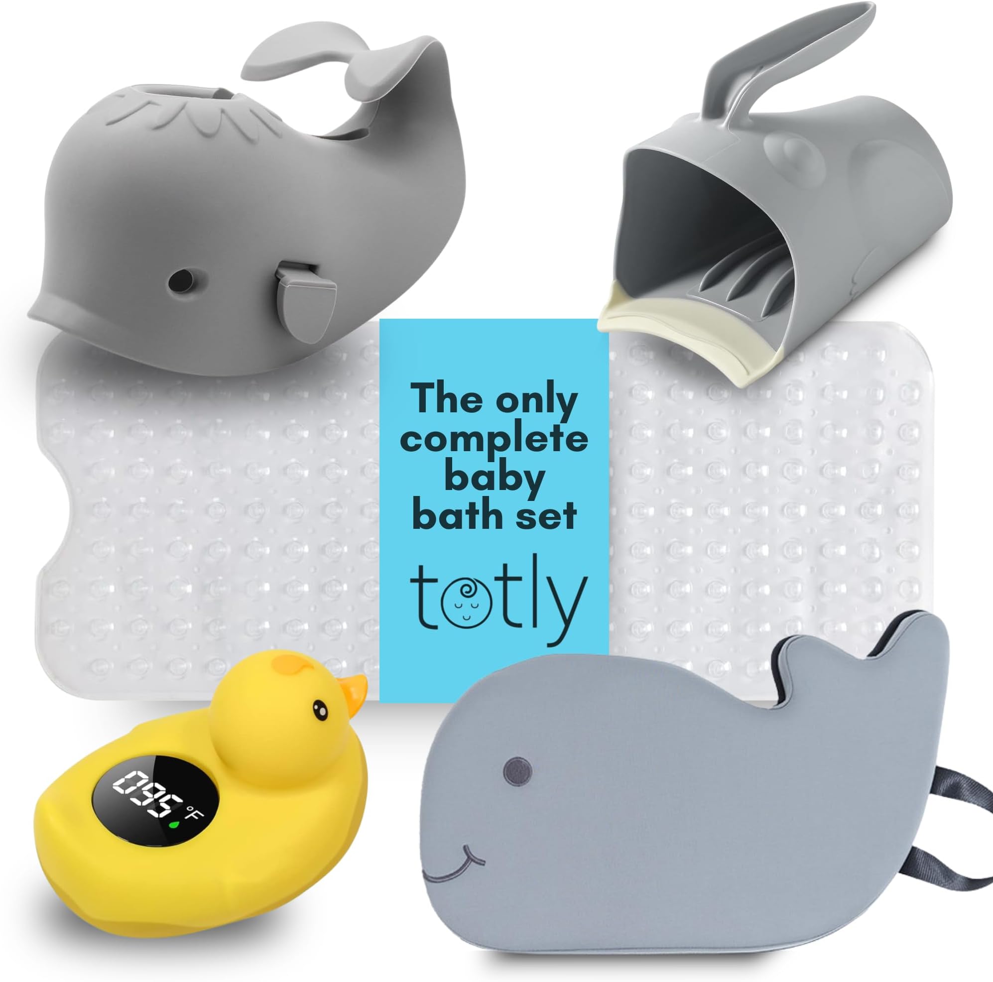 5pcs Baby Bath Essentials Set - Complete Bathtime Kit with Rinse Cup, Spout Cover, Kneeler, Thermometer & Non-Slip Mat for Newborn