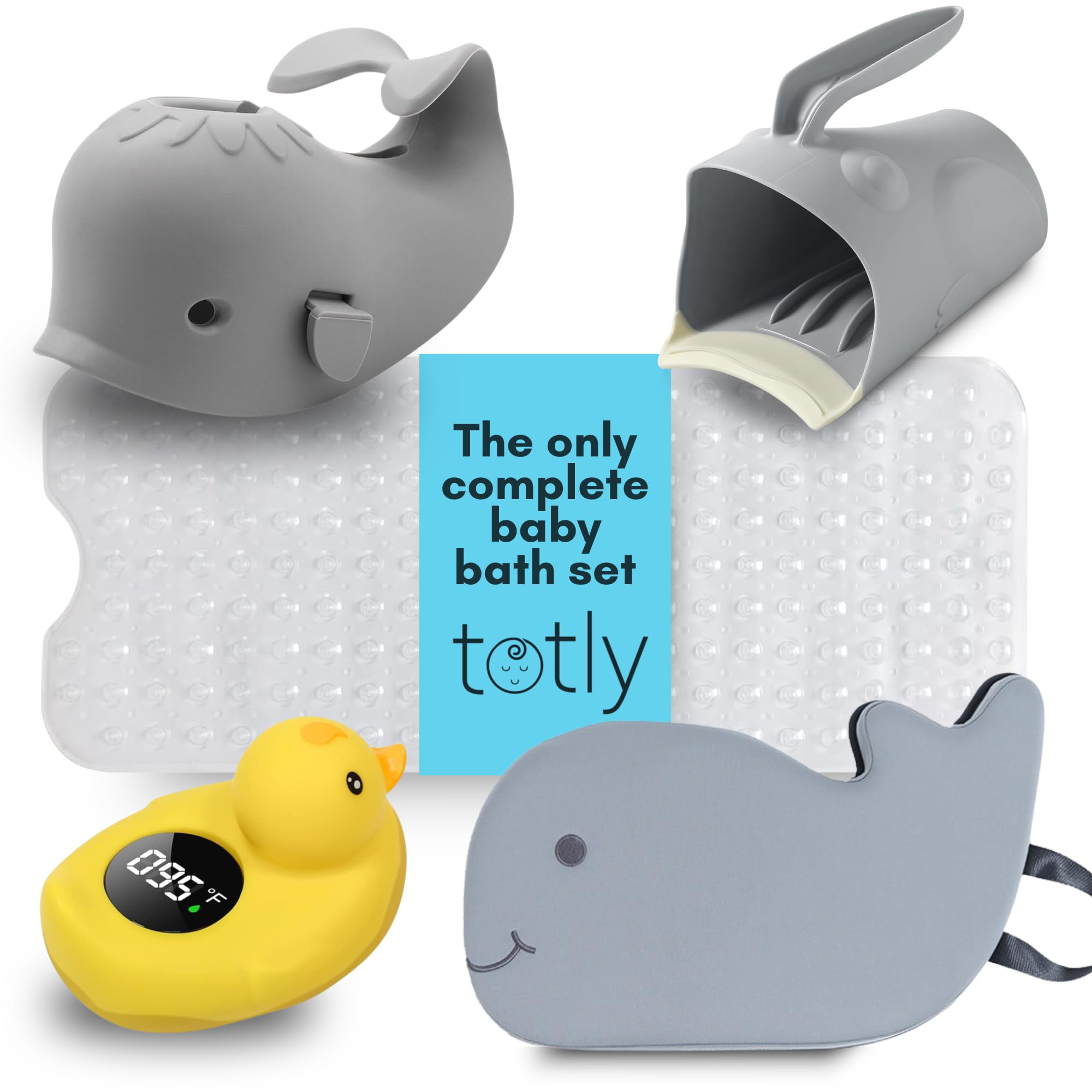 5pcs Baby Bath Essentials Set - Complete Bathtime Kit with Rinse Cup, Spout Cover, Kneeler, Thermometer & Non-Slip Mat for Newborn