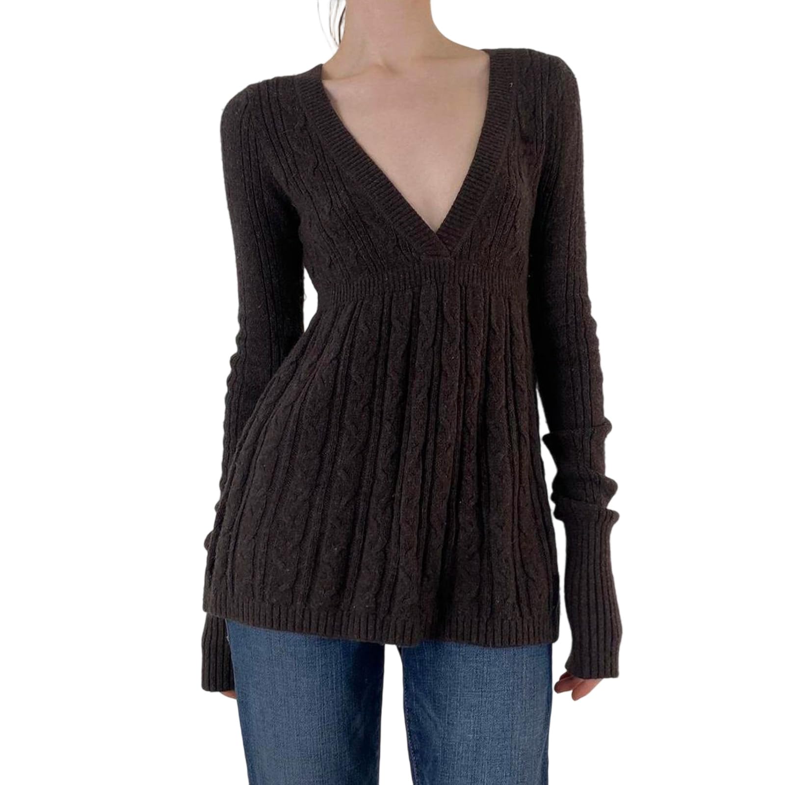 Women Long Sleeve V Neck Sweaters Cable Knit Fall Winter Pullover Tops Y2K Fairy Grunge Aesthetic Clothes