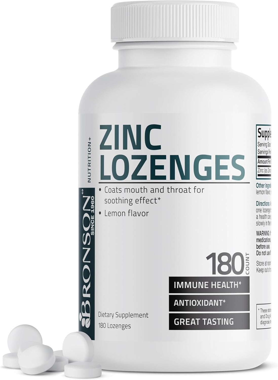 Bronson Zinc Lozenges Antioxidant & Immune Support Supplement Lemon Flavored, 180 Chewable Tablets