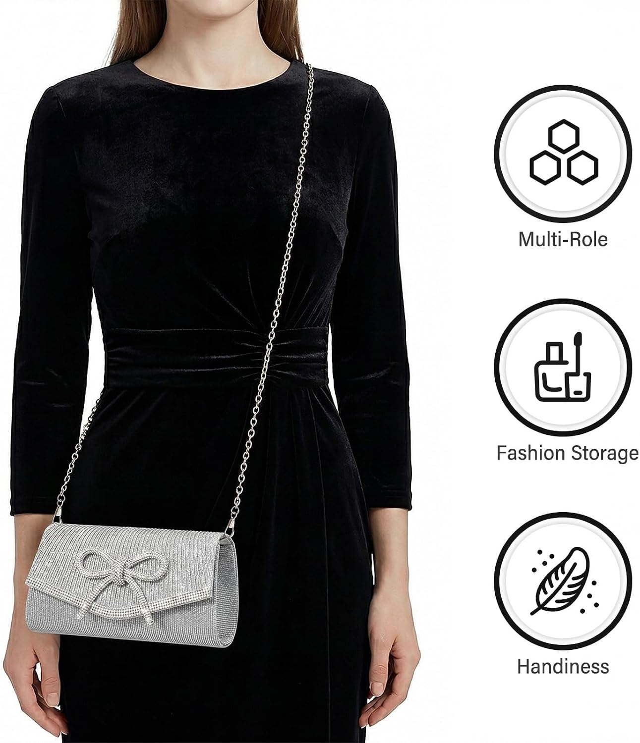 Bow Rhinestone Evening Clutch Purses for Women Weddings Party Prom Diamond Glitter Sparkly Handbag with Detachable Chain
