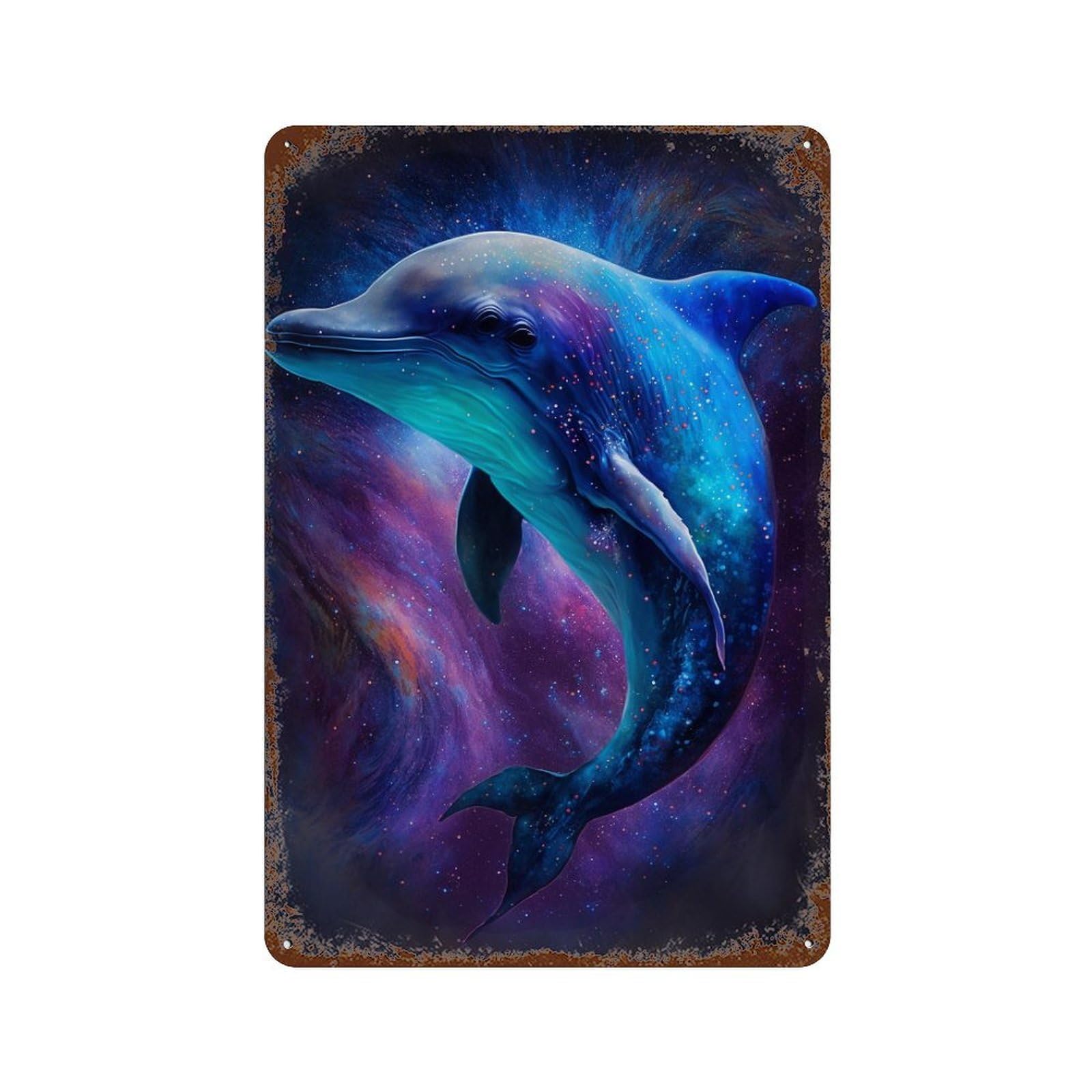 Garage Style Cosmic Dolphin Art Print-2 Rust Effect Tin Sign 11.8"x7.9", Shabby Chic Decor for Bar And Workshop