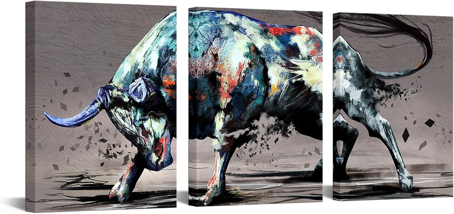 Zlove Fighting Bull Canvas Wall Art Colorful Bull Pictures Prints Wildlife Bull Painting Artwork for Cowboy Bedroom