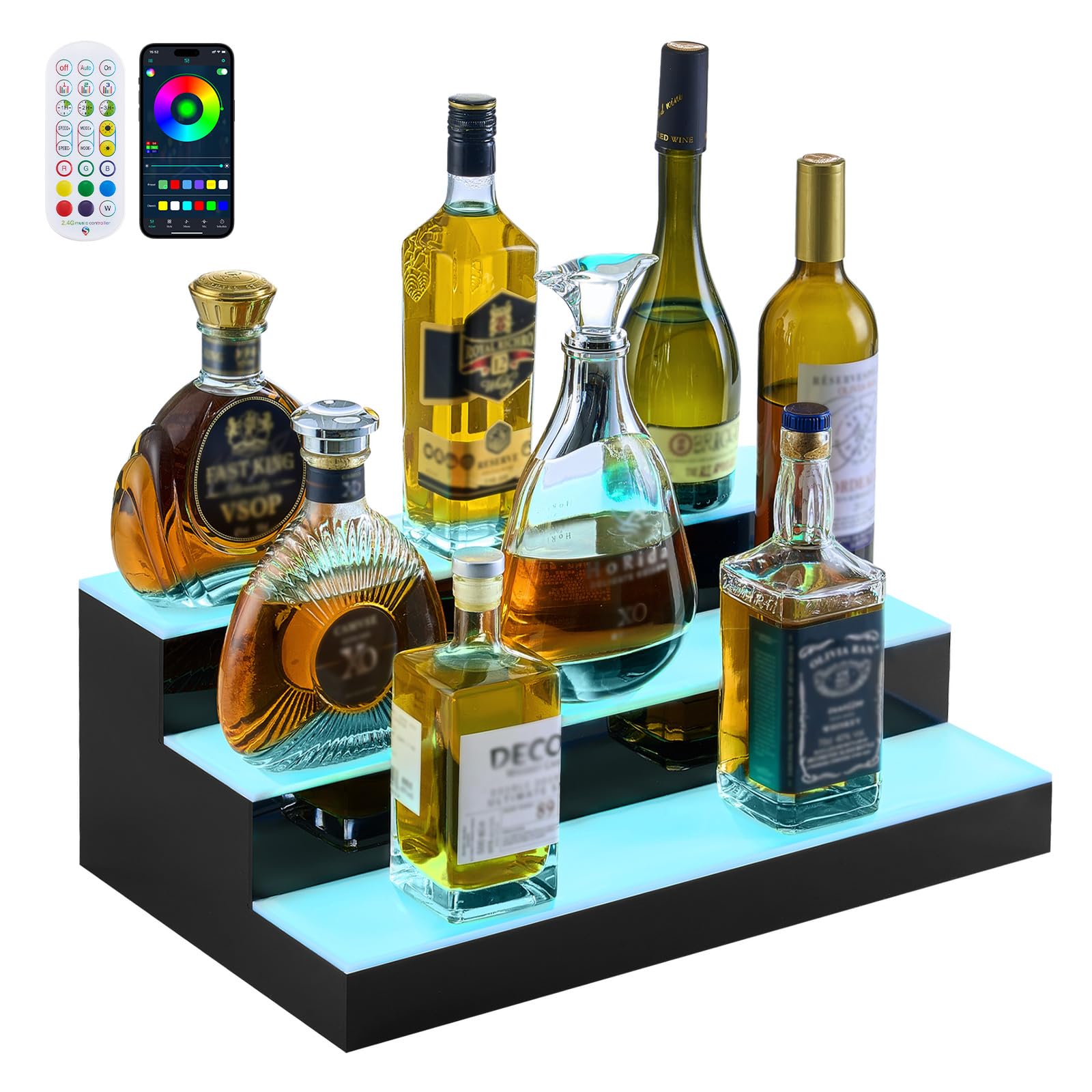 VEVOR LED Lighted Liquor Bottle Display, 3 Tiers 20 Inches Whiskey Rack, Supports USB, Illuminated Home Bar Shelf with RF Remote &amp; App Control, 9 Static Colors, Acrylic Lighted Shelf for 15 Bottles