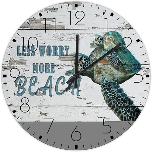 15 Silent Non-Ticking Wall Clocks Nautical Beach Ocean Underwater Turtle Home Decoration for Bedroom Turtle Sea Life Seahorse Rustic Round Wooden