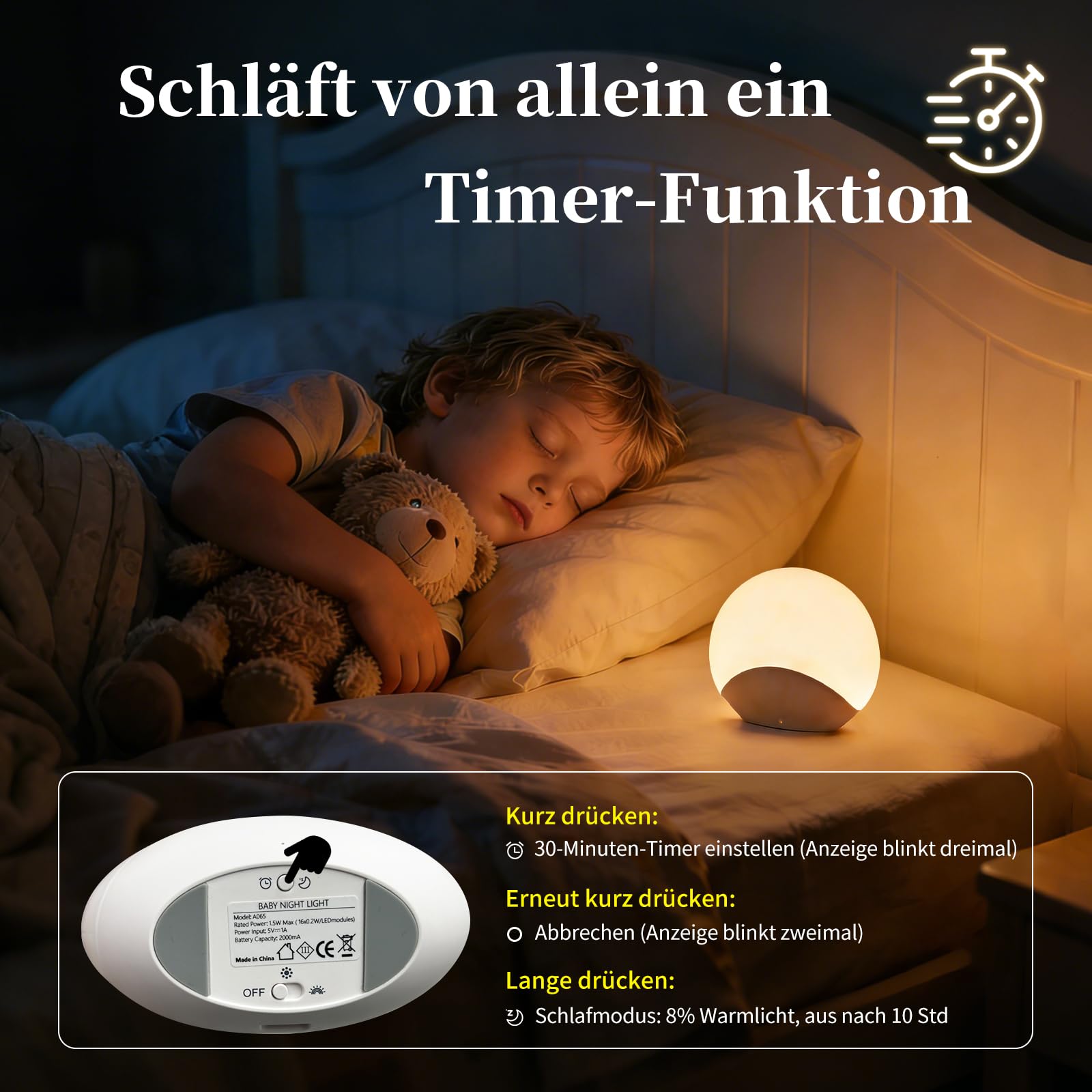Luce notturna morbida con 8 cambi di colore e timer, intensità regolabile con semplice tocco, lampada da comodino a LED RGB ricaricabile per la cameretta dei bambini, senza BPA e rispettosa