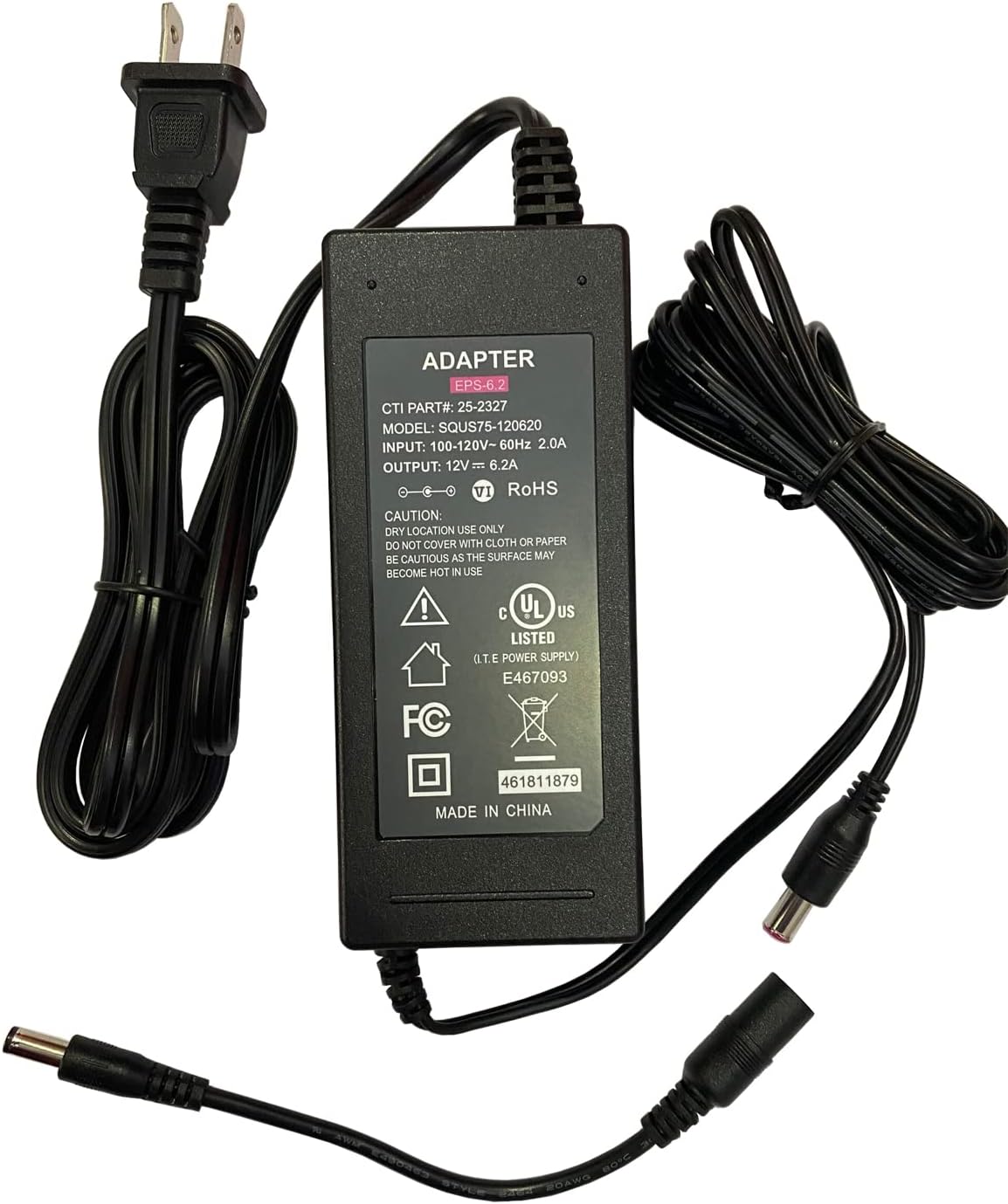 Close-up of the UPBRIGHT AC/DC Adapter's label, showing UL listing, input/output specifications, and safety warnings.