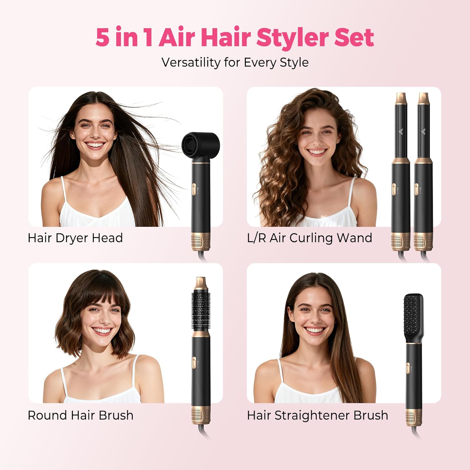 5 in 1 Hair Dryer Brush Set, Detachable Hot Air Styler, Blow Dryer Brush, 3 Heat Settings Auto Curling Wrap Styler, Ionic Hair Styling Tools - Straighten Curl Dry Volumize Smooth (Black)