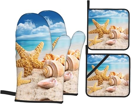Sea Shells and Starfish On The Ocean Beach Oven Mitts and Potholders Professional Heat Resistant Cotton Oven Mitts Kitchen Gloves 4 Piece Set