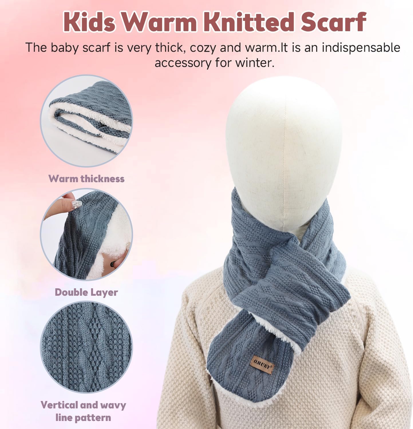 OMUKY Kids Scarf Fleece Warm Knitted Scarves for Girls Boys Toddler Cold Weather Soft Neck Warmer - Image 2