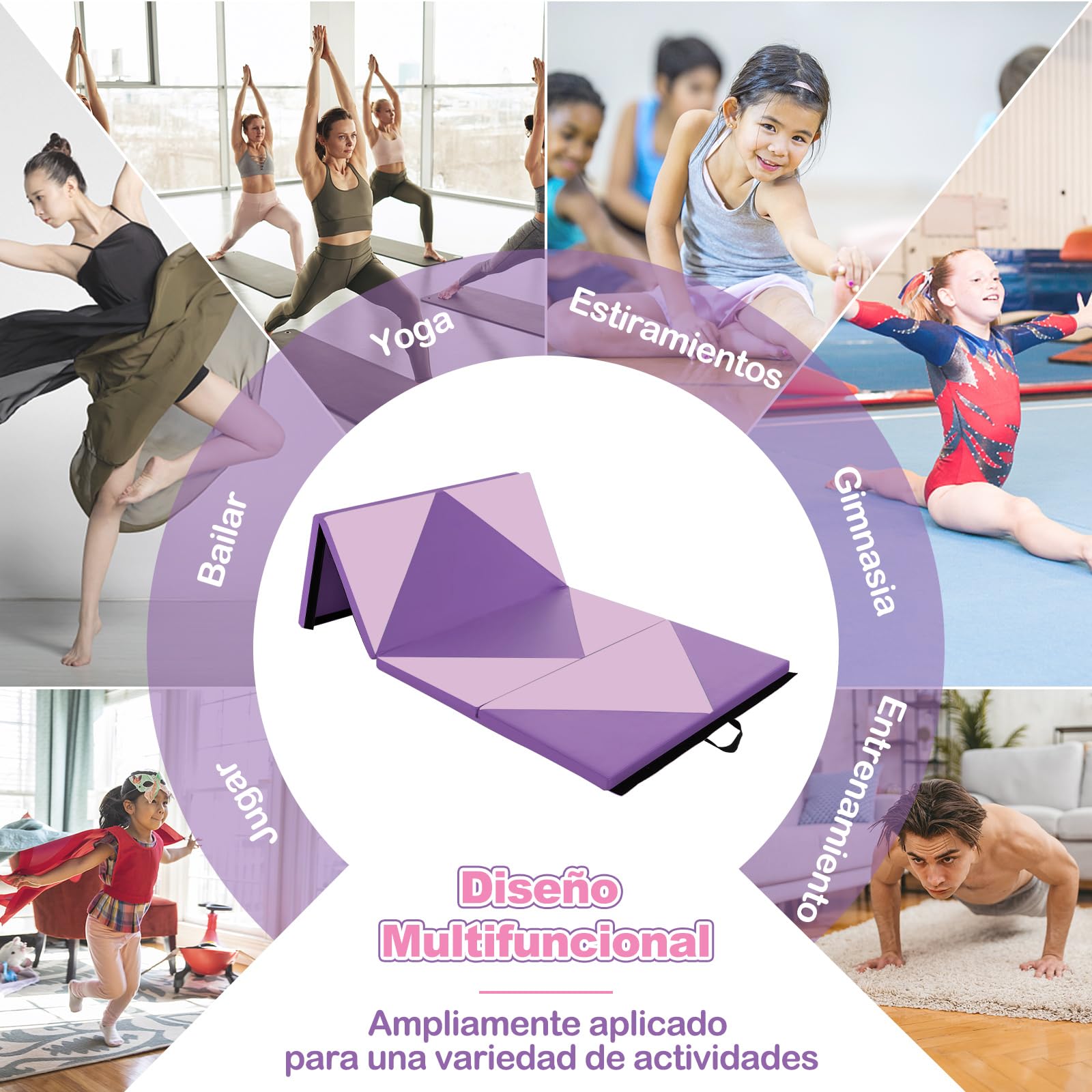 GOPLUS Colchoneta de Gimnasia Plegable, 240x117x5cm, Esterilla de Entrenamiento de Cuero Artificial con Asas de Transporte, Alfombra de Suelo para Fitness Yoga (Morado + Rosa Claro)
