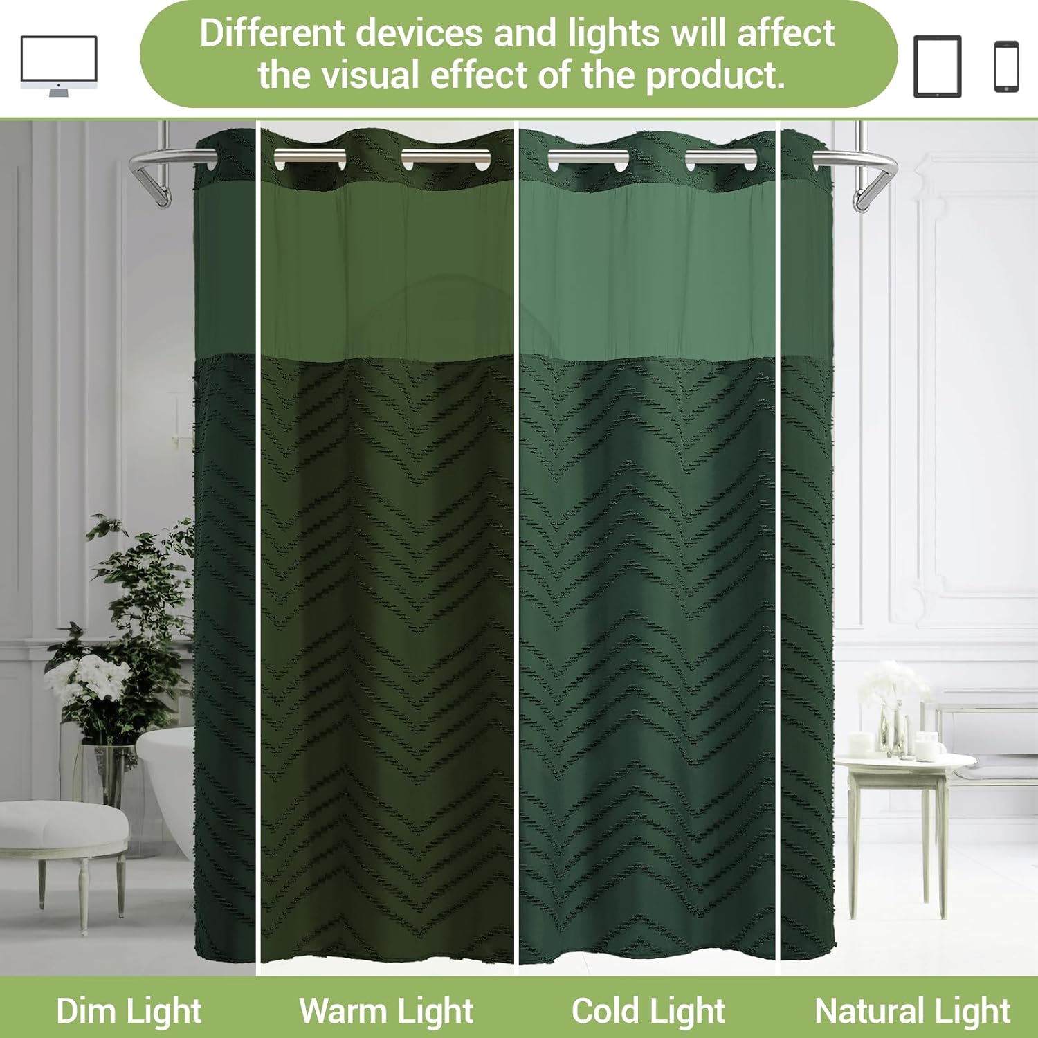 Extra Long No Hook Shower Curtain with Snap in Liner, Tufted Chevron Striped Shower Curtain Set for Bathroom, Boho Waterproof and Washable Shower Curtains, 71Wx86H, Dark Green