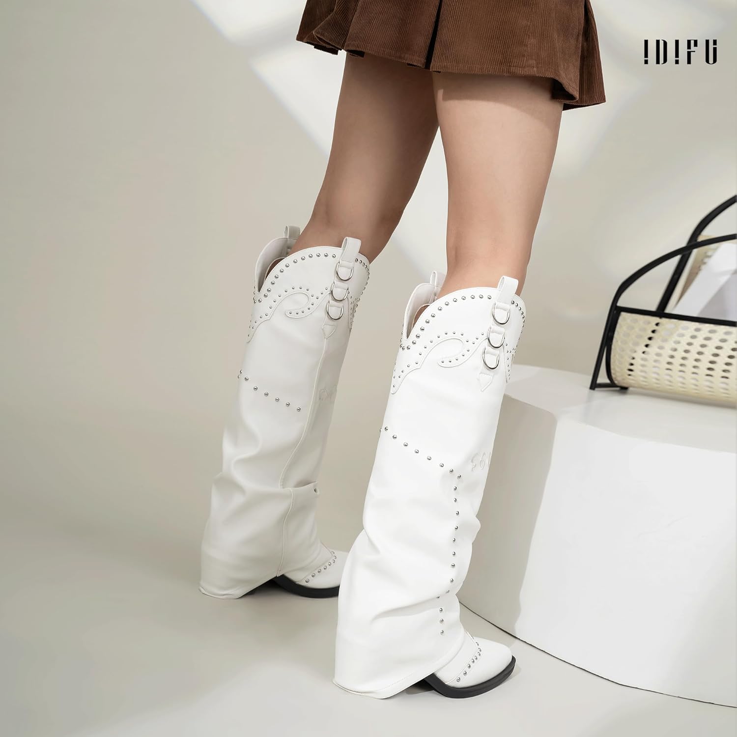 IDIFU IN2 Fold Over Cowboy Boots for Women Cowgirl Knee High Western Embroidered Pointed Toe Slouchy Low Short Block Chunky Heel Zipper Comfort Fashion Cute Trendy Prom Dressy Fall Boots