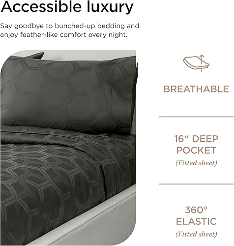 Miniatura 5 de Threadmill Sábanas de tamaño matrimonial, 100 % algodón puro de 600 hilos, 4 piezas, rayas, damasco, gris oscuro, calidad de hotel, algodón peinado