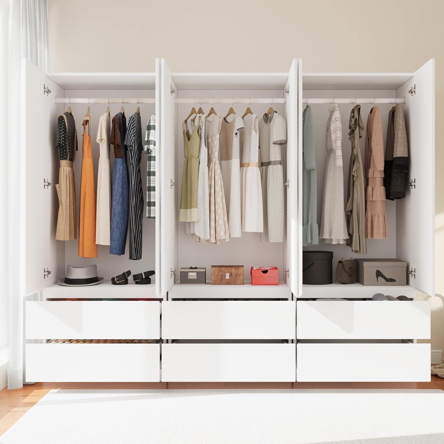 Armoire Wardrobe Closet with 6 Doors, Wooden Wardrobe Cabinet with 6 Drawers, Hanging Rod & Shelves, Freestanding Closets for Bedroom (White, 3)