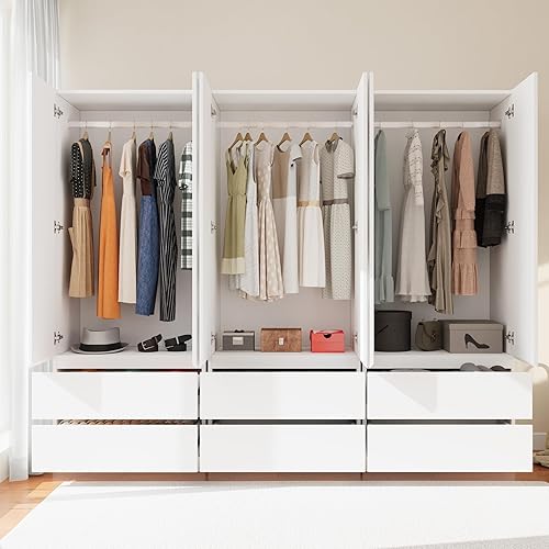 Miniatura 4 de Armario Armario con 6 puertas, armario de madera con 6 cajones, barra para colgar y estantes, armarios independientes para dormitorio (blanco, 3)