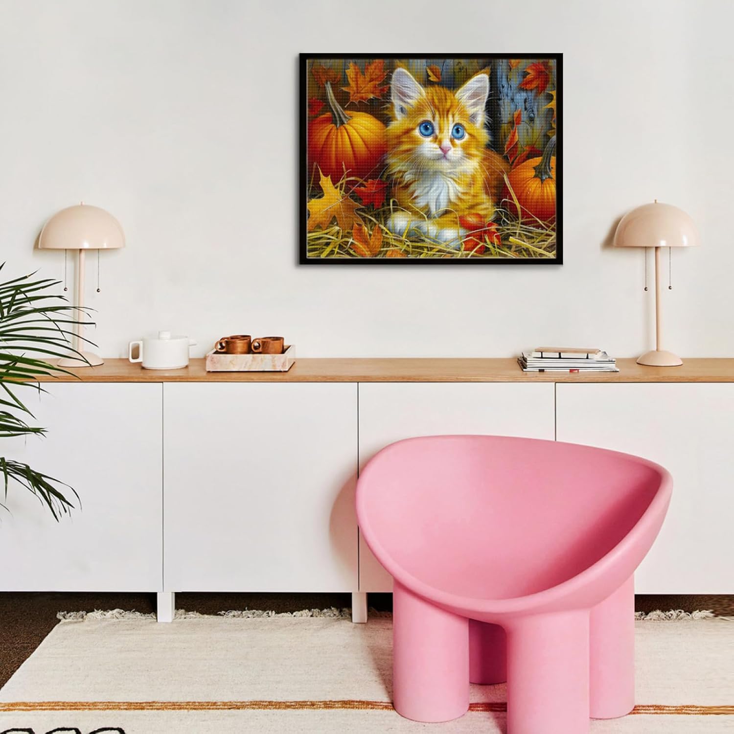 IMLQJES 5D Cat Diamond Painting Kits - Cat Hay Pumpkin Full Square Drill DIY Diamonds Art Halloween Crystal Embroidery Cross Stitch Art Craft Thanksgiving Wall Office Decor 16x20 Inch