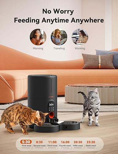 Miniatura 4 de WOPET Alimentadores automáticos para gatos, 2 comederos para gatos con cuenco de acero inoxidable, control programable de 1 a 6 comidas, fuente de