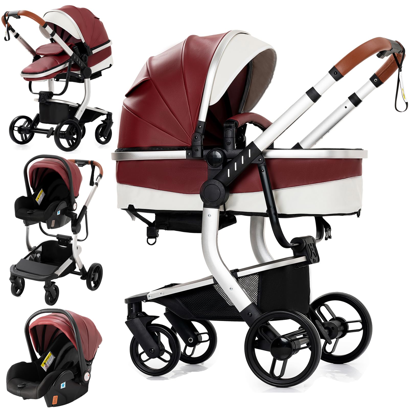 Reenborn Pelle PU Passeggino Trio, Passeggino 3 in 1 con Due Modi Reversibili Spingere, Trio con Telaio Alluminio Paesaggistico Alto, Trio Passeggino Neonati Design Pieghevole in Un Clic (518 Red)