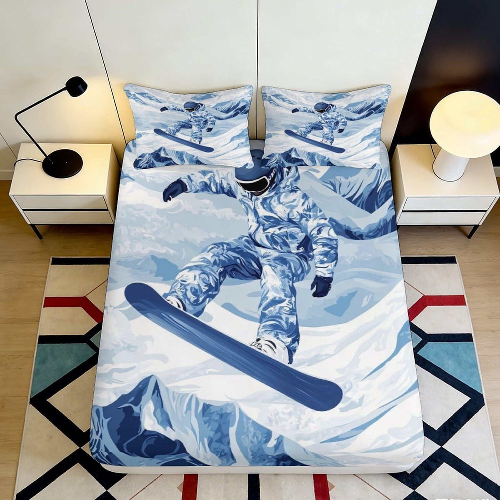 3D Printed Snowboard Mountain Fitted Sheet Microfiber Soft Breathable Blue Ski Mattress Cover Bedroom Decor 90x200x25cm
