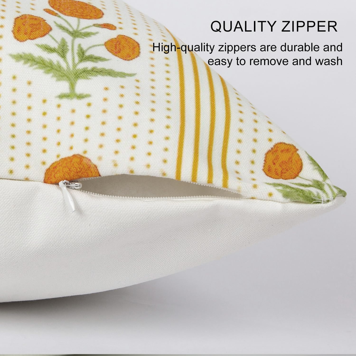 Vintage Floral Pillow Cover 18x18 Set of 2, Block Print Marigold Flowers Striped Decorative Canvas Throw Pillow Cushion Cases Farmhouse Decor for Outdoor Couch Bedroom Car Yellow