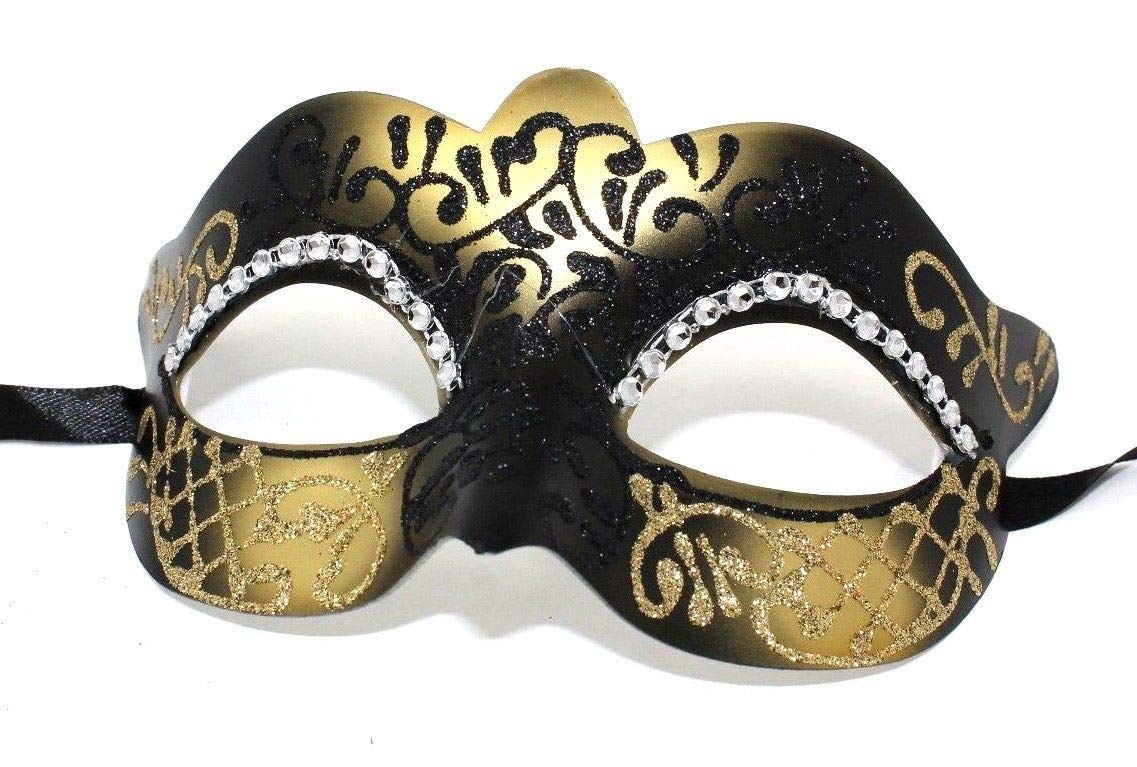 LADIES BLACK GOLD CRYSTAL JEWELLED EYES VENETIAN MASQUERADE CARNIVAL PARTY EYE BALL MASK, 8cm Deep